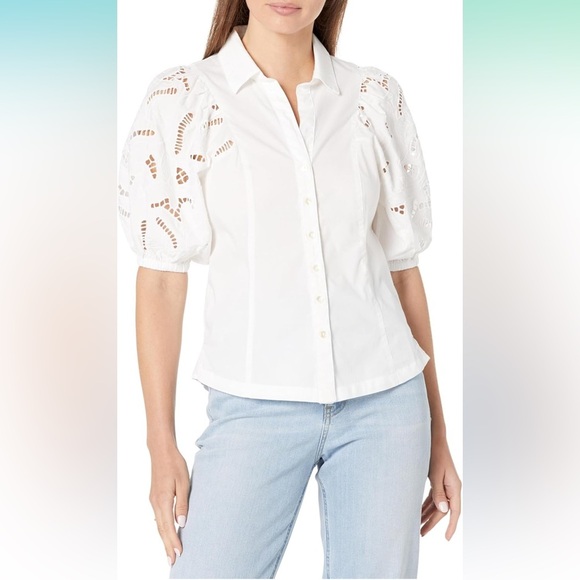 NIC+ZOE White puff eyelet sleeve button down top size L - Picture 1 of 15